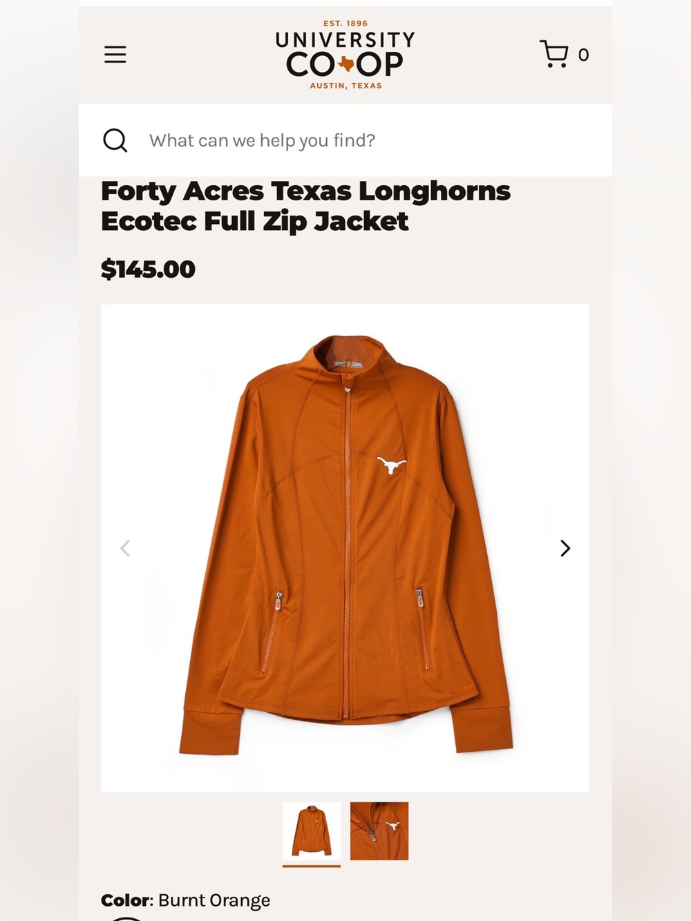 Forty Acres Texas Longhorns Burnt Orange Ecotec Full-Zip Jacket Size XXL NWT!